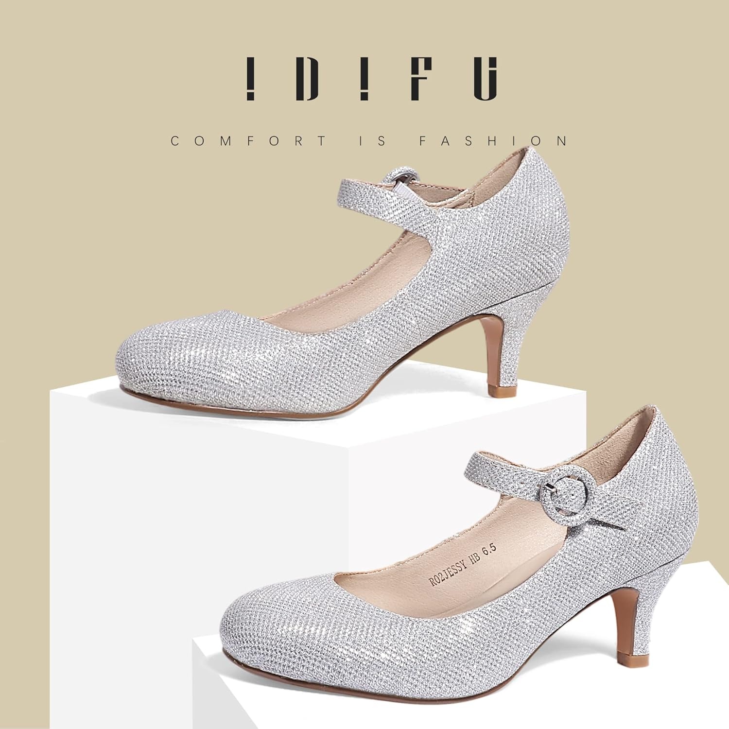 image:imageIDIFU Womens Jessy Dress Mary Jane Shoes Low Kitten Heels Closed Round Toe Office Work Wedding PumpsSilver Glitter