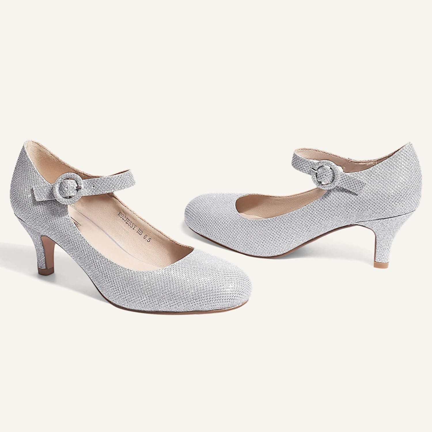 image:imageIDIFU Womens Jessy Dress Mary Jane Shoes Low Kitten Heels Closed Round Toe Office Work Wedding PumpsSilver Glitter
