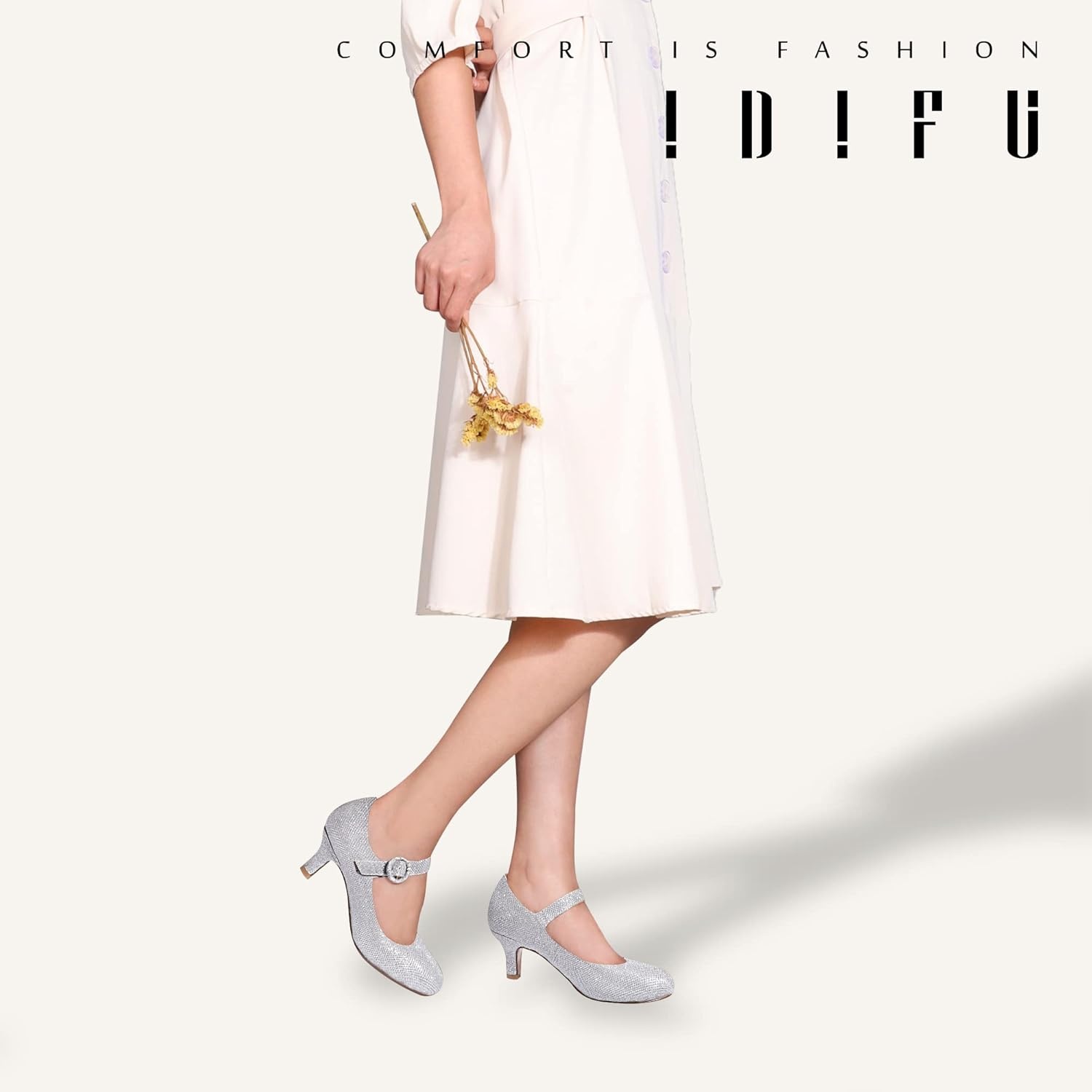 image:imageIDIFU Womens Jessy Dress Mary Jane Shoes Low Kitten Heels Closed Round Toe Office Work Wedding PumpsSilver Glitter