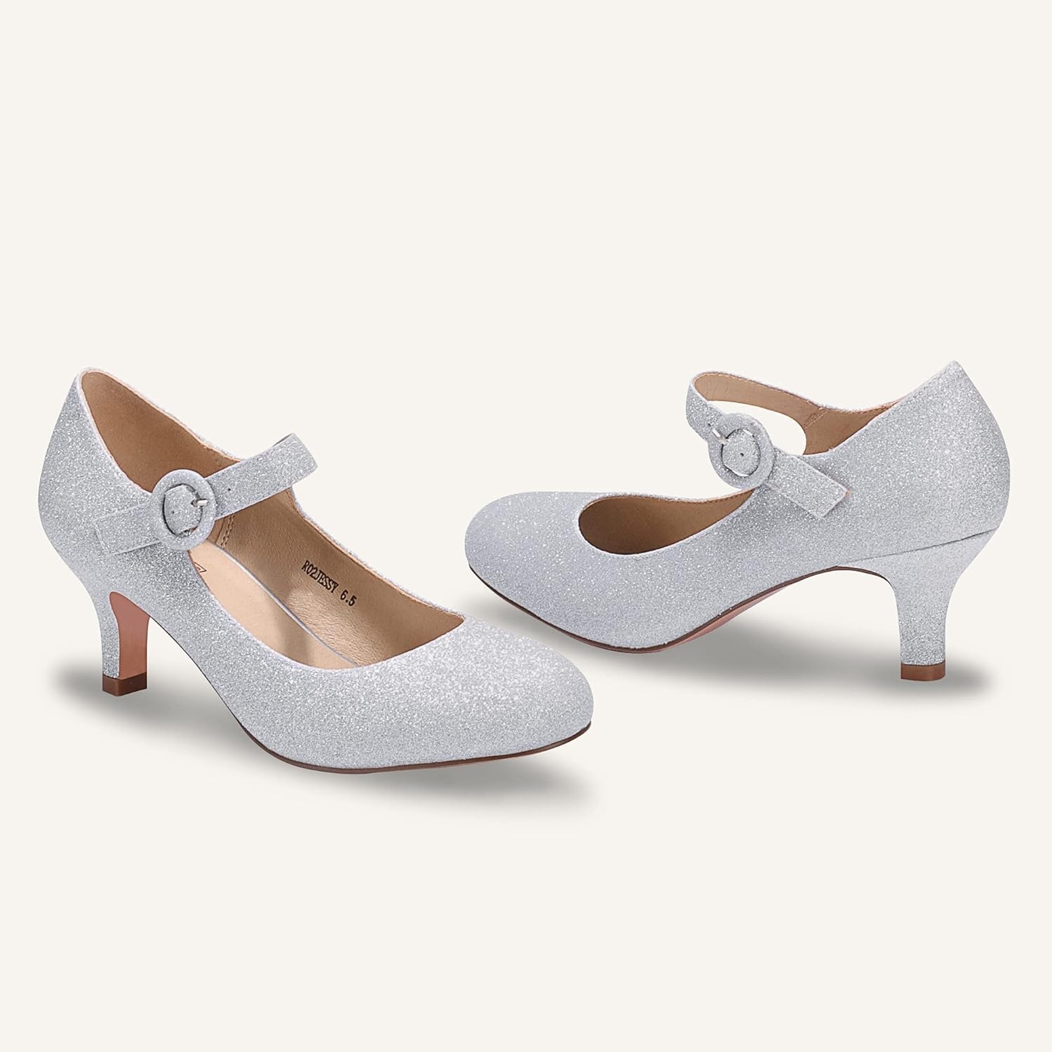 image:imageIDIFU Womens Jessy Dress Mary Jane Shoes Low Kitten Heels Closed Round Toe Office Work Wedding PumpsSilver Shiny