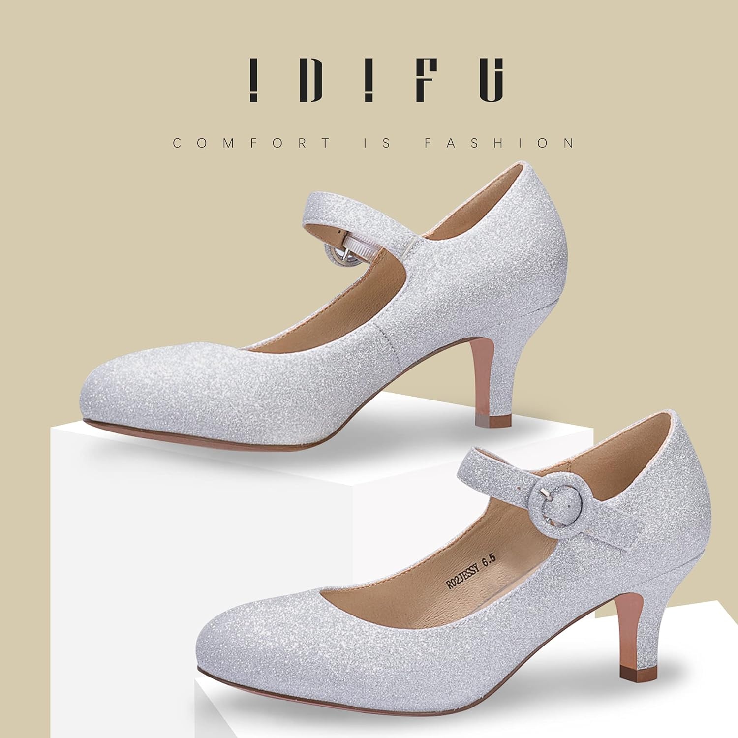 image:imageIDIFU Womens Jessy Dress Mary Jane Shoes Low Kitten Heels Closed Round Toe Office Work Wedding PumpsSilver Shiny