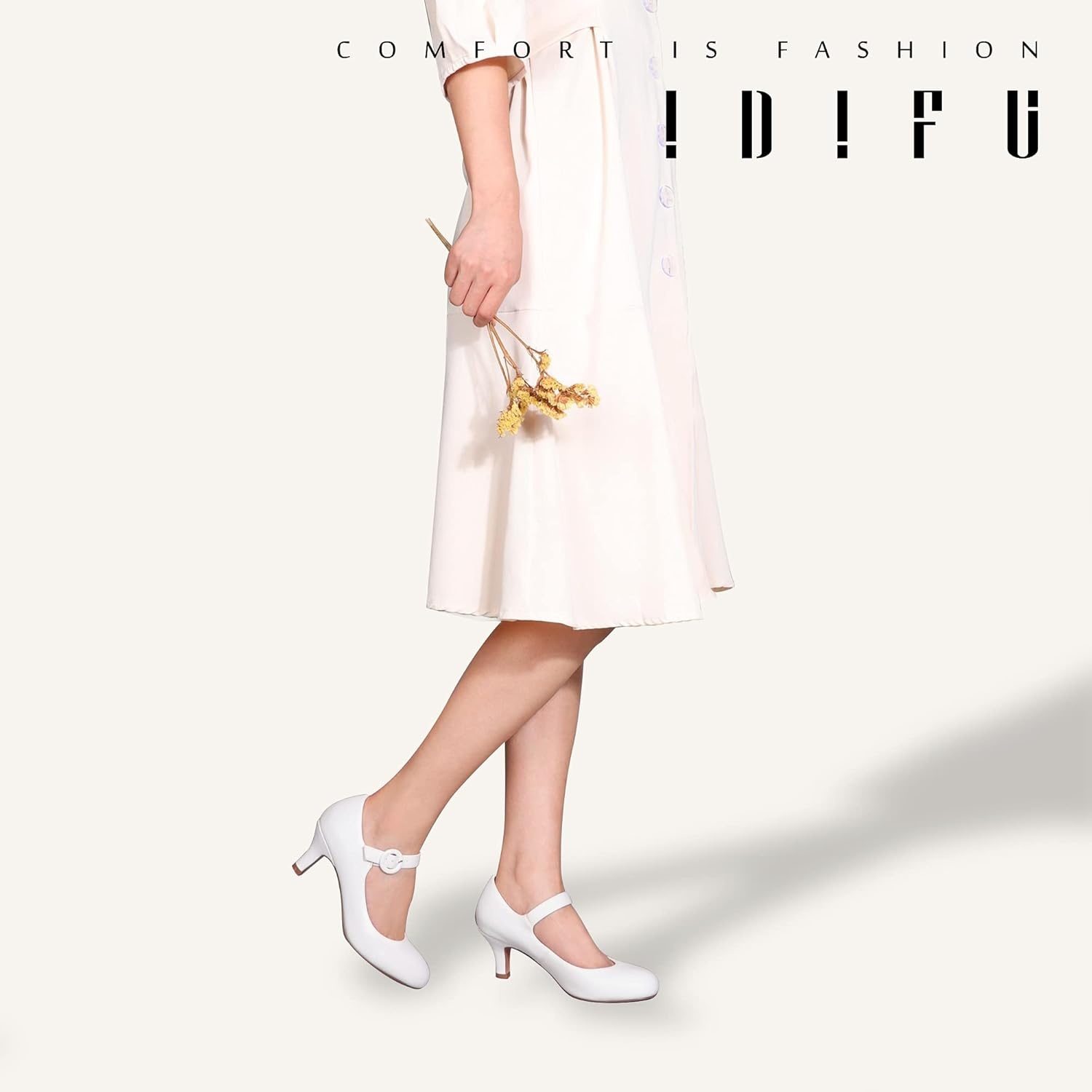 image:imageIDIFU Womens Jessy Dress Mary Jane Shoes Low Kitten Heels Closed Round Toe Office Work Wedding PumpsWhite Pu