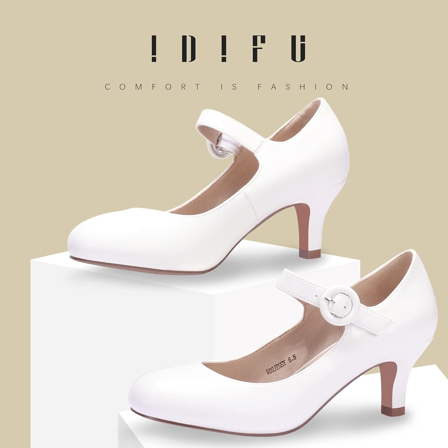 image:imageIDIFU Womens Jessy Dress Mary Jane Shoes Low Kitten Heels Closed Round Toe Office Work Wedding PumpsWhite Pu