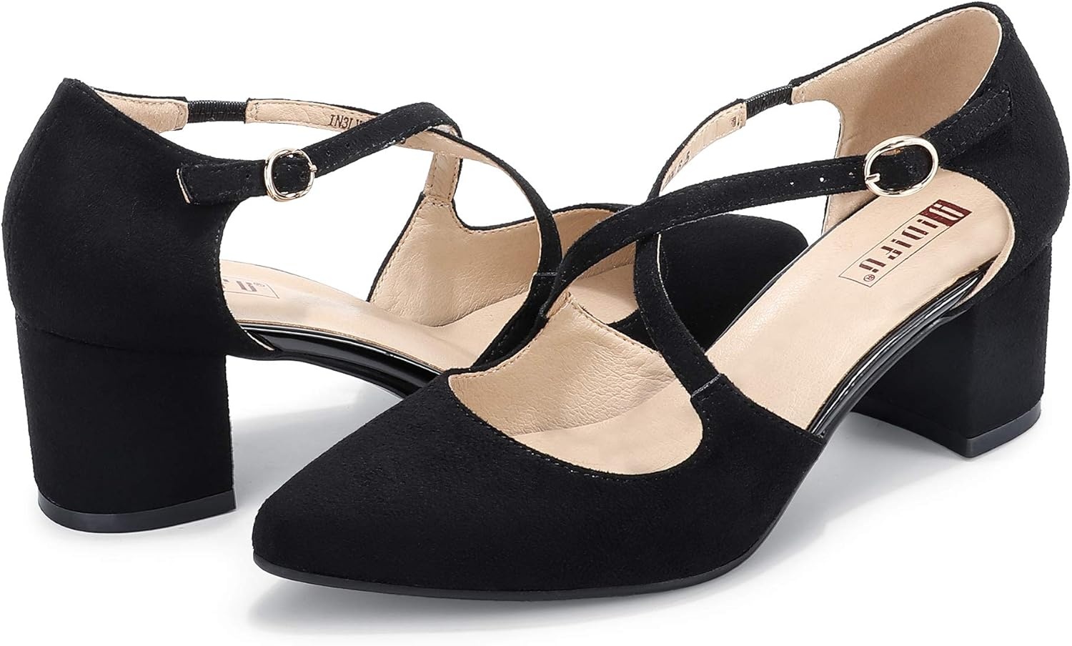 image:imageIDIFU Womens Lynn Dress Low Heeled Pumps Closed Pointed Toe Block Chunky Heel Cross Strap Wedding Bridal Party Office ShoesBlack Suede