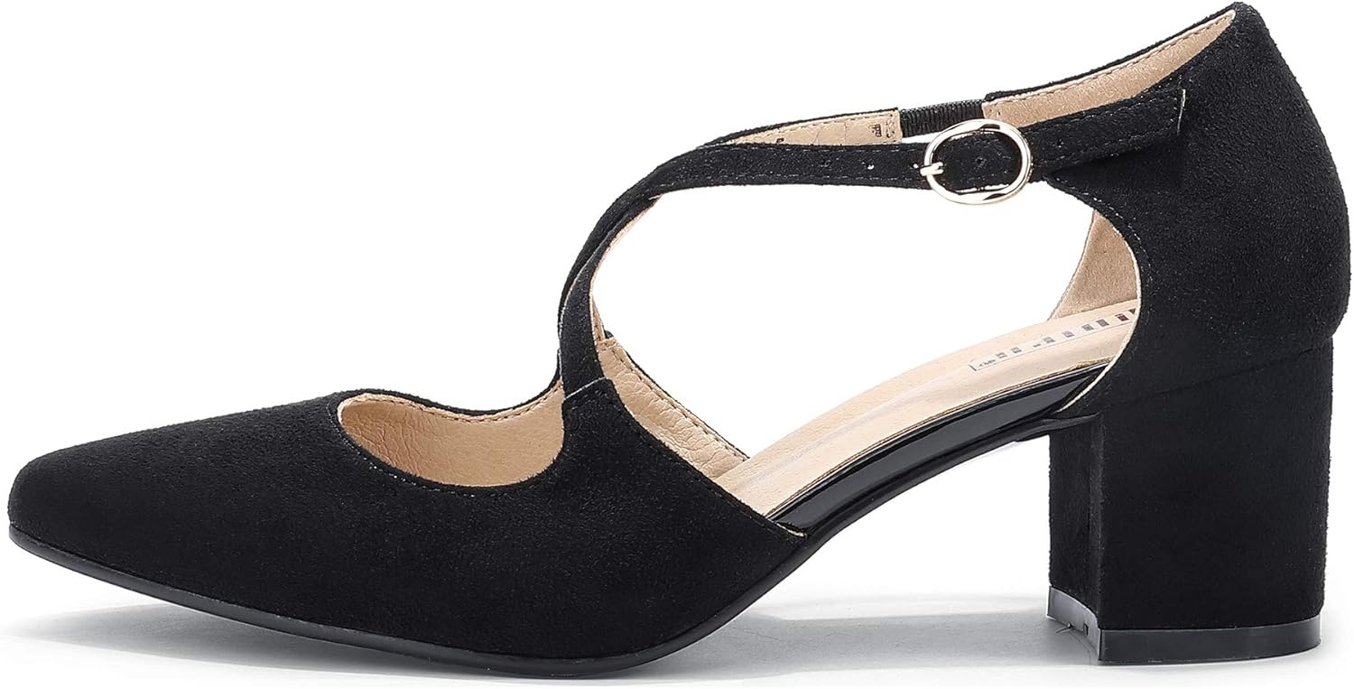 image:imageIDIFU Womens Lynn Dress Low Heeled Pumps Closed Pointed Toe Block Chunky Heel Cross Strap Wedding Bridal Party Office ShoesBlack Suede