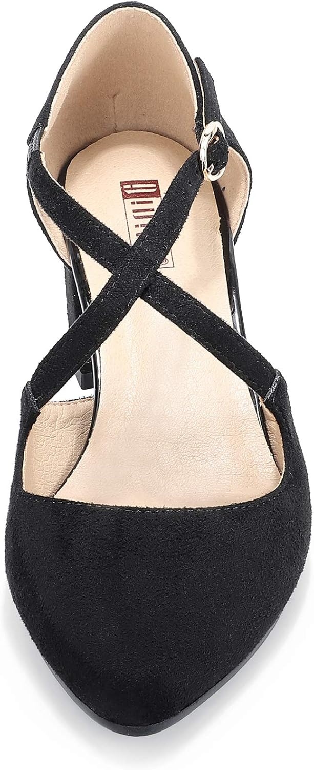 image:imageIDIFU Womens Lynn Dress Low Heeled Pumps Closed Pointed Toe Block Chunky Heel Cross Strap Wedding Bridal Party Office ShoesBlack Suede