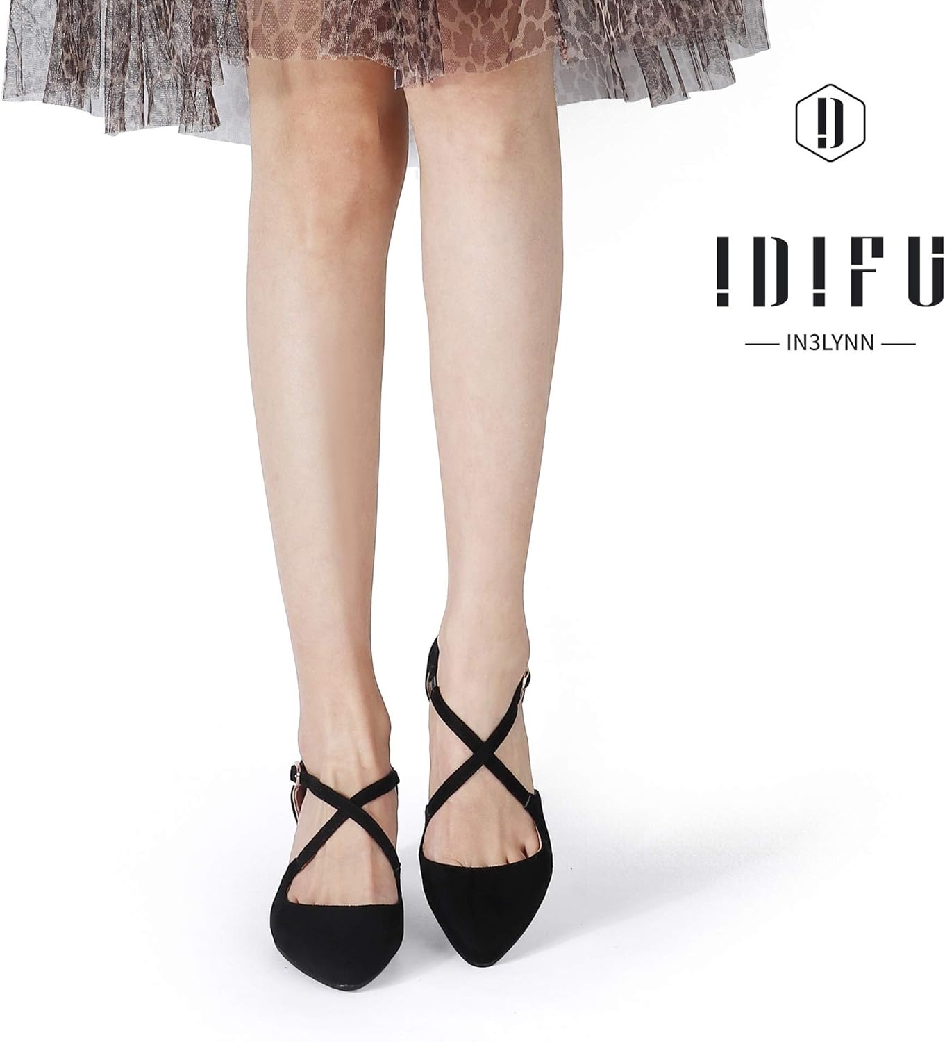 image:imageIDIFU Womens Lynn Dress Low Heeled Pumps Closed Pointed Toe Block Chunky Heel Cross Strap Wedding Bridal Party Office ShoesBlack Suede