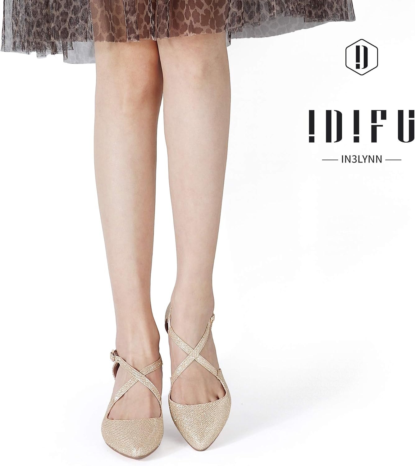 image:imageIDIFU Womens Lynn Dress Low Heeled Pumps Closed Pointed Toe Block Chunky Heel Cross Strap Wedding Bridal Party Office ShoesGold Glitter