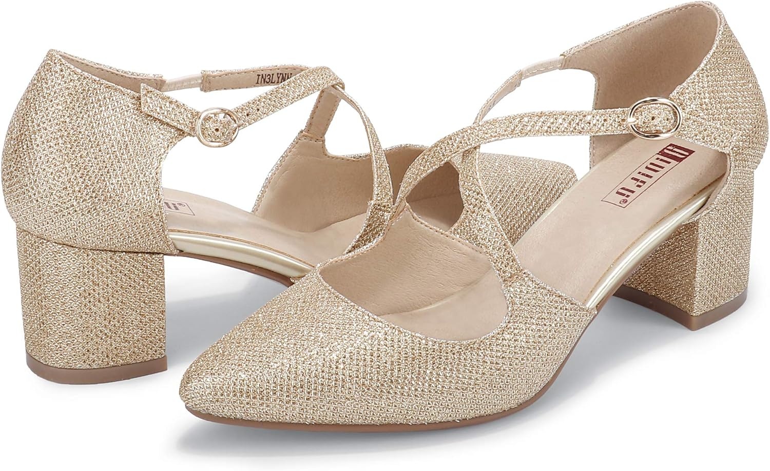 image:imageIDIFU Womens Lynn Dress Low Heeled Pumps Closed Pointed Toe Block Chunky Heel Cross Strap Wedding Bridal Party Office ShoesGold Glitter