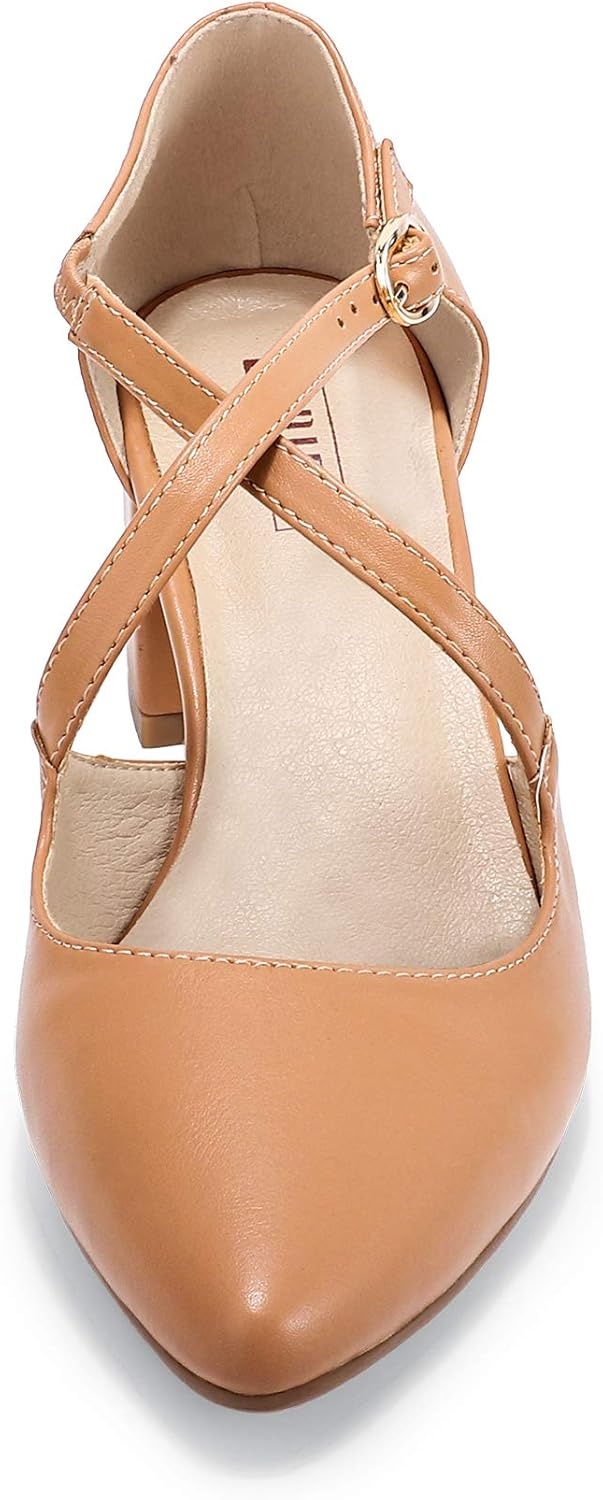 image:imageIDIFU Womens Lynn Dress Low Heeled Pumps Closed Pointed Toe Block Chunky Heel Cross Strap Wedding Bridal Party Office ShoesNude Pu