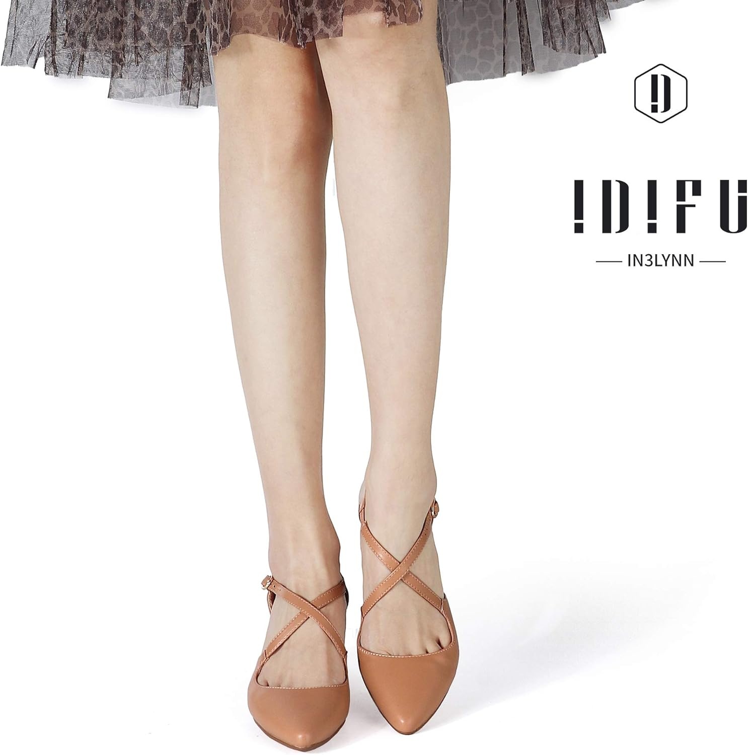 image:imageIDIFU Womens Lynn Dress Low Heeled Pumps Closed Pointed Toe Block Chunky Heel Cross Strap Wedding Bridal Party Office ShoesNude Pu