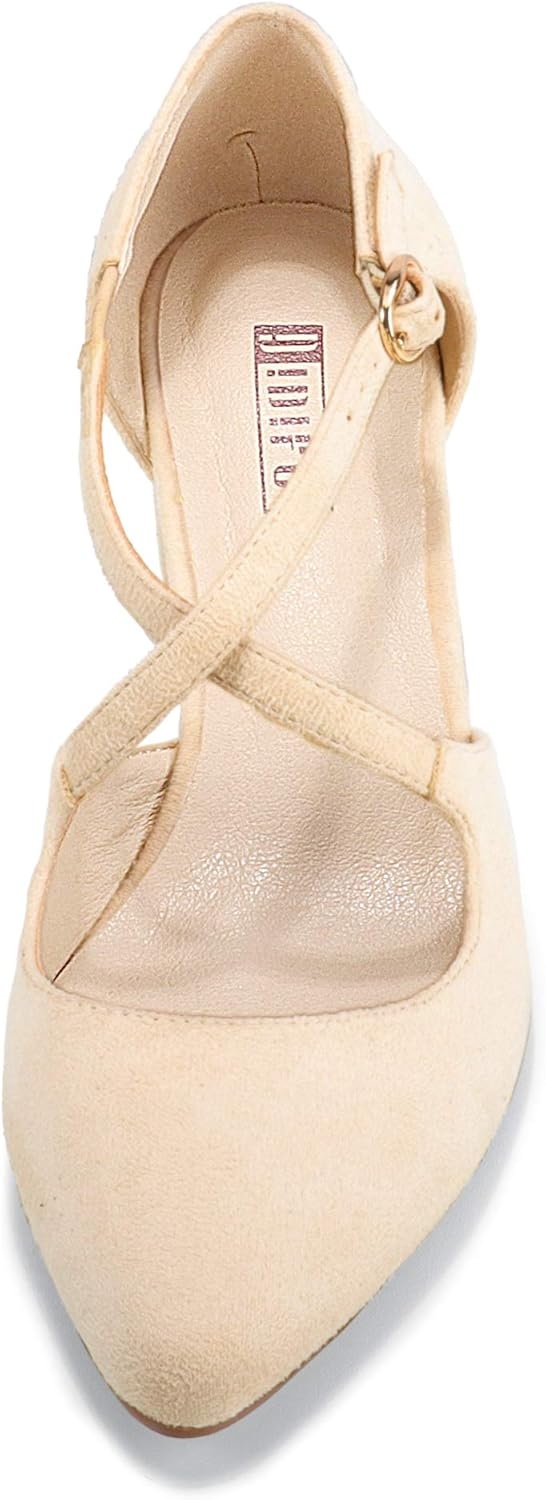 image:imageIDIFU Womens Lynn Dress Low Heeled Pumps Closed Pointed Toe Block Chunky Heel Cross Strap Wedding Bridal Party Office ShoesNude Suede