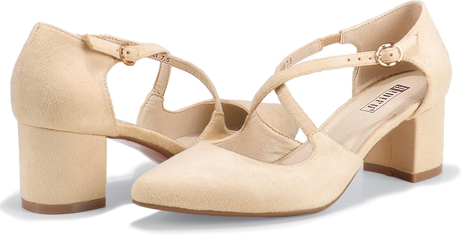 image:imageIDIFU Womens Lynn Dress Low Heeled Pumps Closed Pointed Toe Block Chunky Heel Cross Strap Wedding Bridal Party Office ShoesNude Suede
