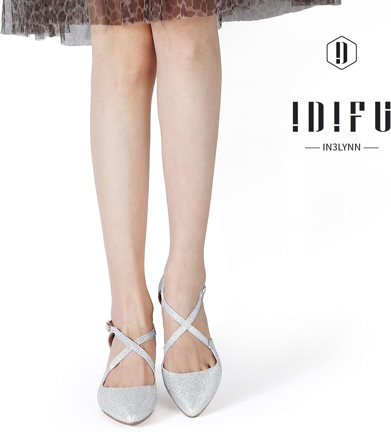image:imageIDIFU Womens Lynn Dress Low Heeled Pumps Closed Pointed Toe Block Chunky Heel Cross Strap Wedding Bridal Party Office ShoesSilver Glitter