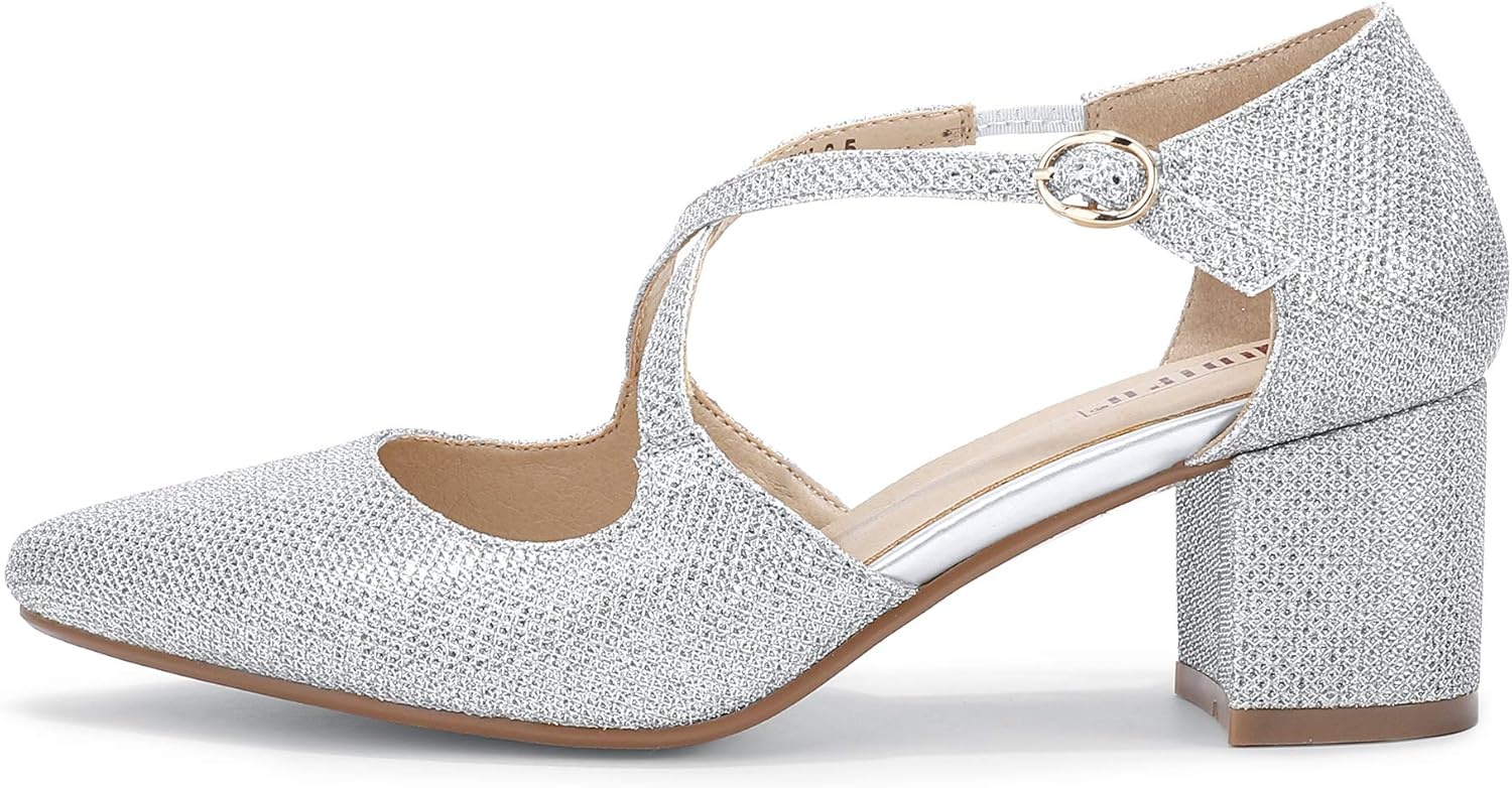 image:imageIDIFU Womens Lynn Dress Low Heeled Pumps Closed Pointed Toe Block Chunky Heel Cross Strap Wedding Bridal Party Office ShoesSilver Glitter