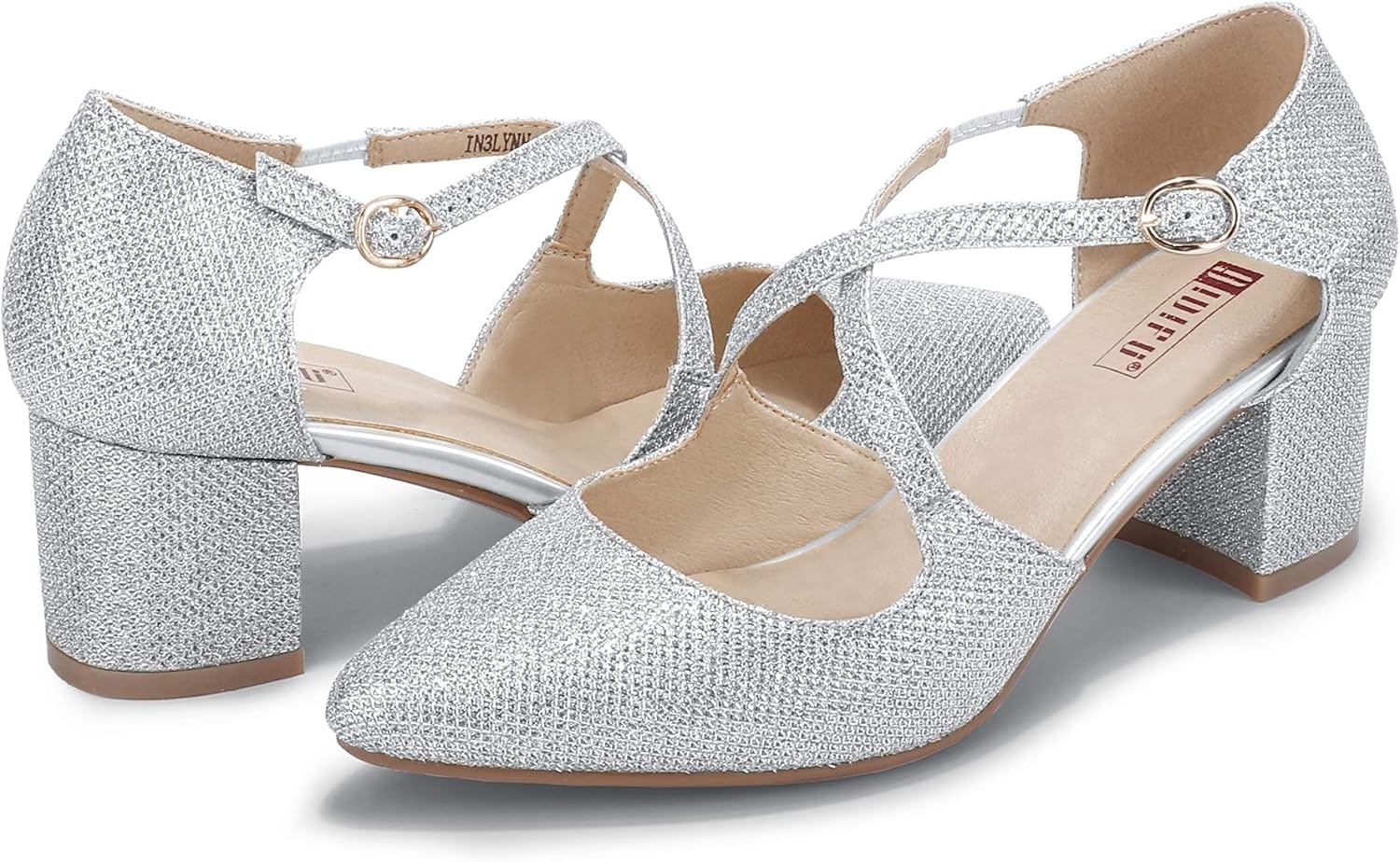 image:imageIDIFU Womens Lynn Dress Low Heeled Pumps Closed Pointed Toe Block Chunky Heel Cross Strap Wedding Bridal Party Office ShoesSilver Glitter