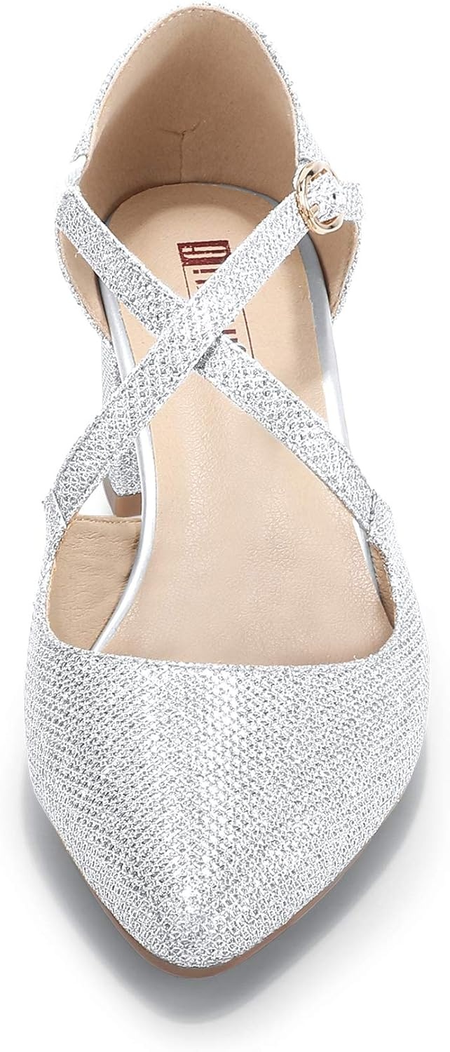 image:imageIDIFU Womens Lynn Dress Low Heeled Pumps Closed Pointed Toe Block Chunky Heel Cross Strap Wedding Bridal Party Office ShoesSilver Glitter