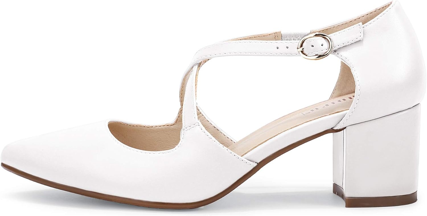 image:imageIDIFU Womens Lynn Dress Low Heeled Pumps Closed Pointed Toe Block Chunky Heel Cross Strap Wedding Bridal Party Office ShoesWhite Pu