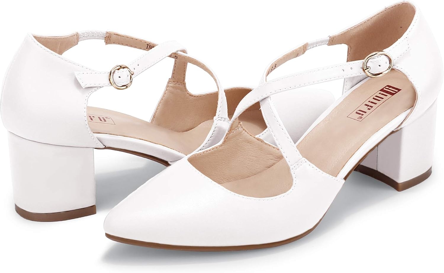 image:imageIDIFU Womens Lynn Dress Low Heeled Pumps Closed Pointed Toe Block Chunky Heel Cross Strap Wedding Bridal Party Office ShoesWhite Pu