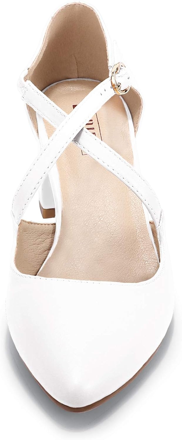 image:imageIDIFU Womens Lynn Dress Low Heeled Pumps Closed Pointed Toe Block Chunky Heel Cross Strap Wedding Bridal Party Office ShoesWhite Pu