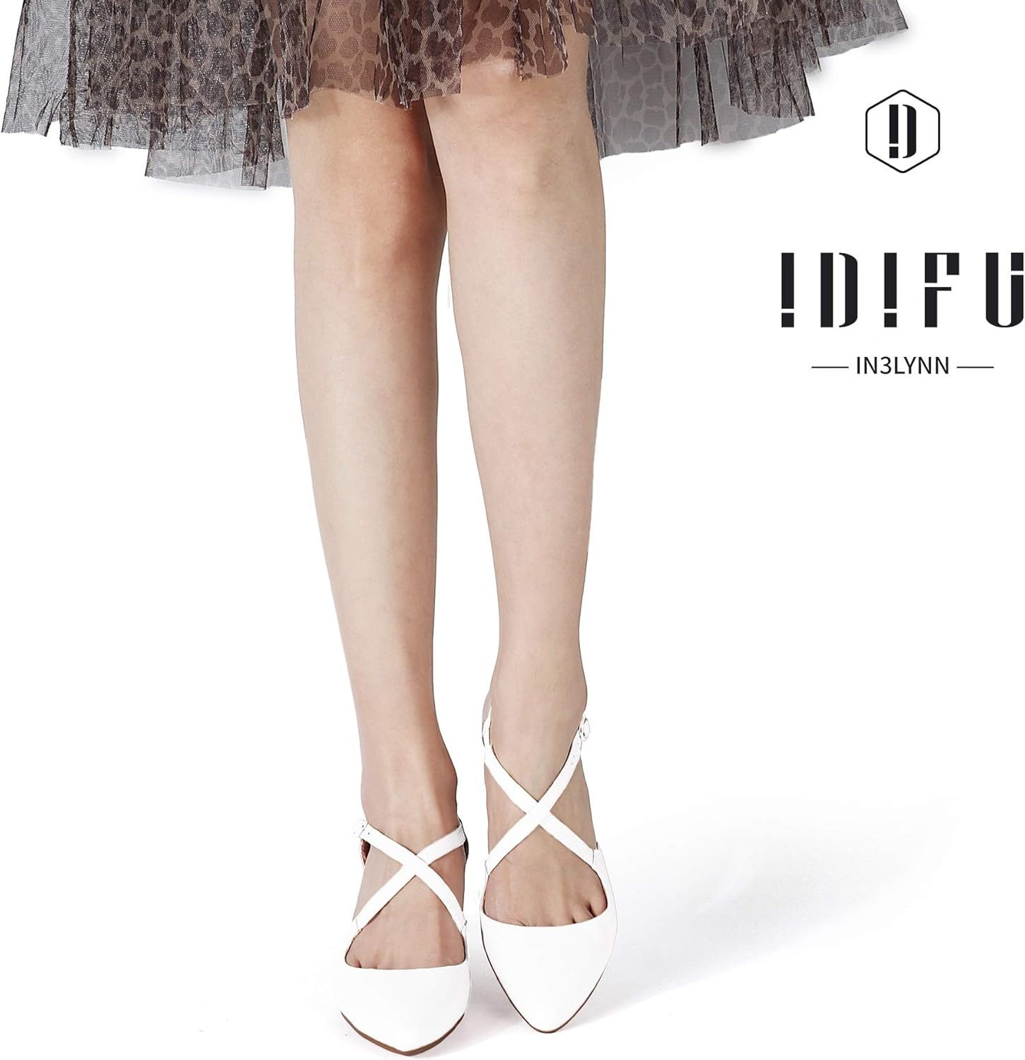 image:imageIDIFU Womens Lynn Dress Low Heeled Pumps Closed Pointed Toe Block Chunky Heel Cross Strap Wedding Bridal Party Office ShoesWhite Pu