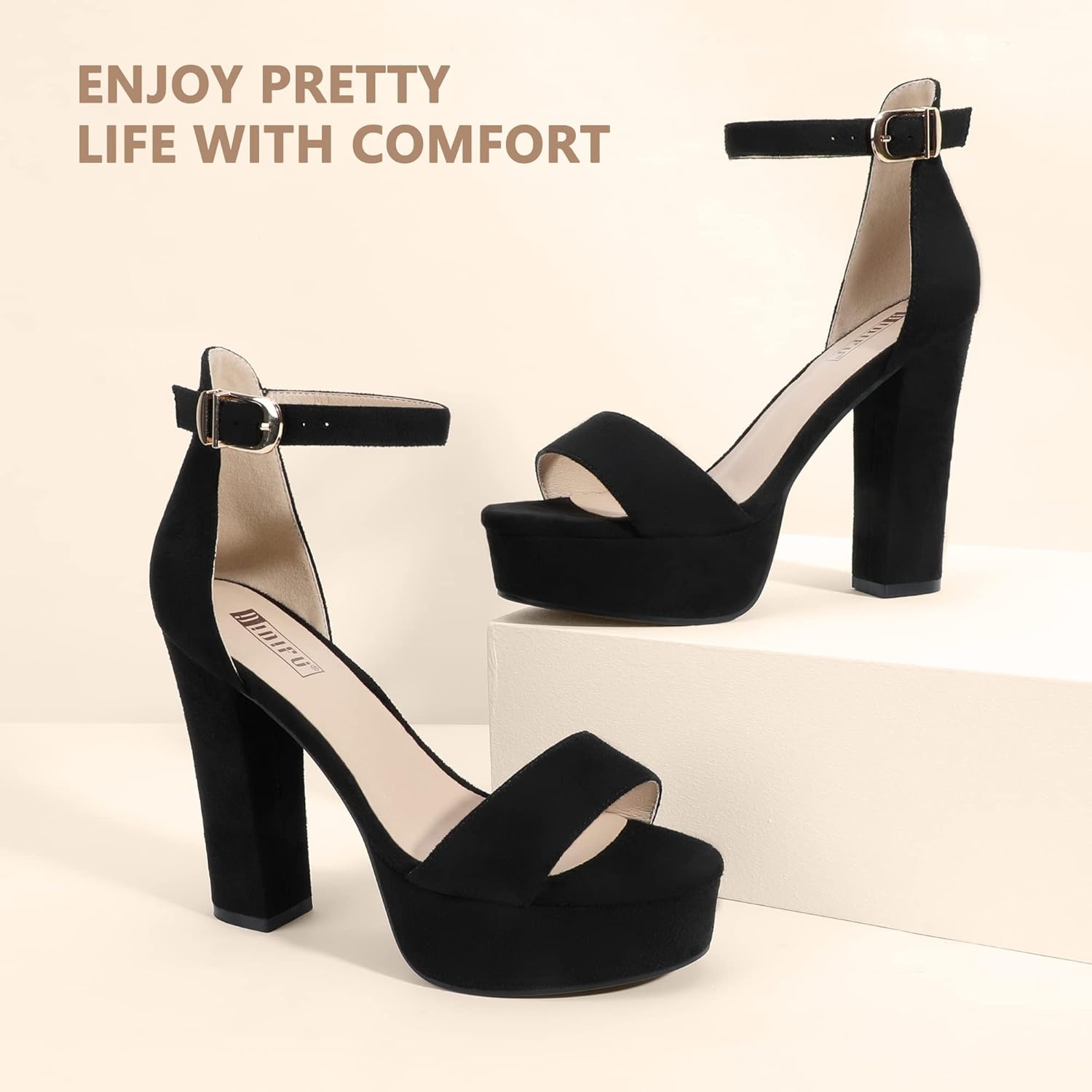 image:imageIDIFU Womens Platform Chunky High Heel Sexy Sandals Ankle Strap Open Toe Heeled Shoes for Wedding Party EveningBlack Suede