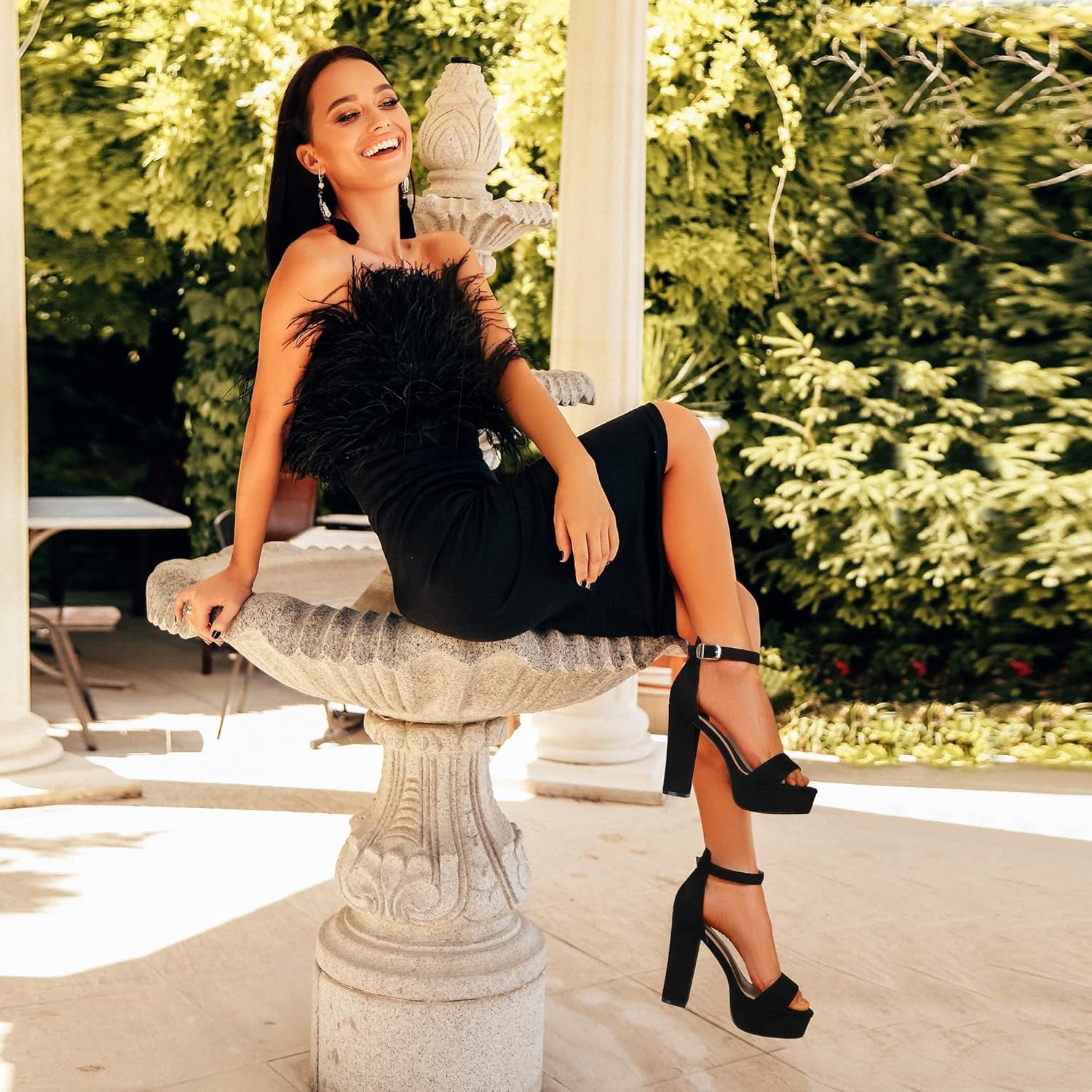 image:imageIDIFU Womens Platform Chunky High Heel Sexy Sandals Ankle Strap Open Toe Heeled Shoes for Wedding Party EveningBlack Suede