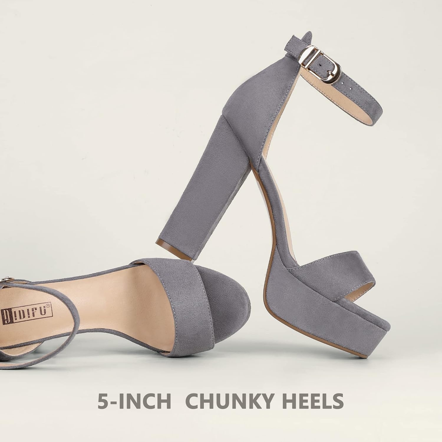 image:imageIDIFU Womens Platform Chunky High Heel Sexy Sandals Ankle Strap Open Toe Heeled Shoes for Wedding Party EveningGray Suede