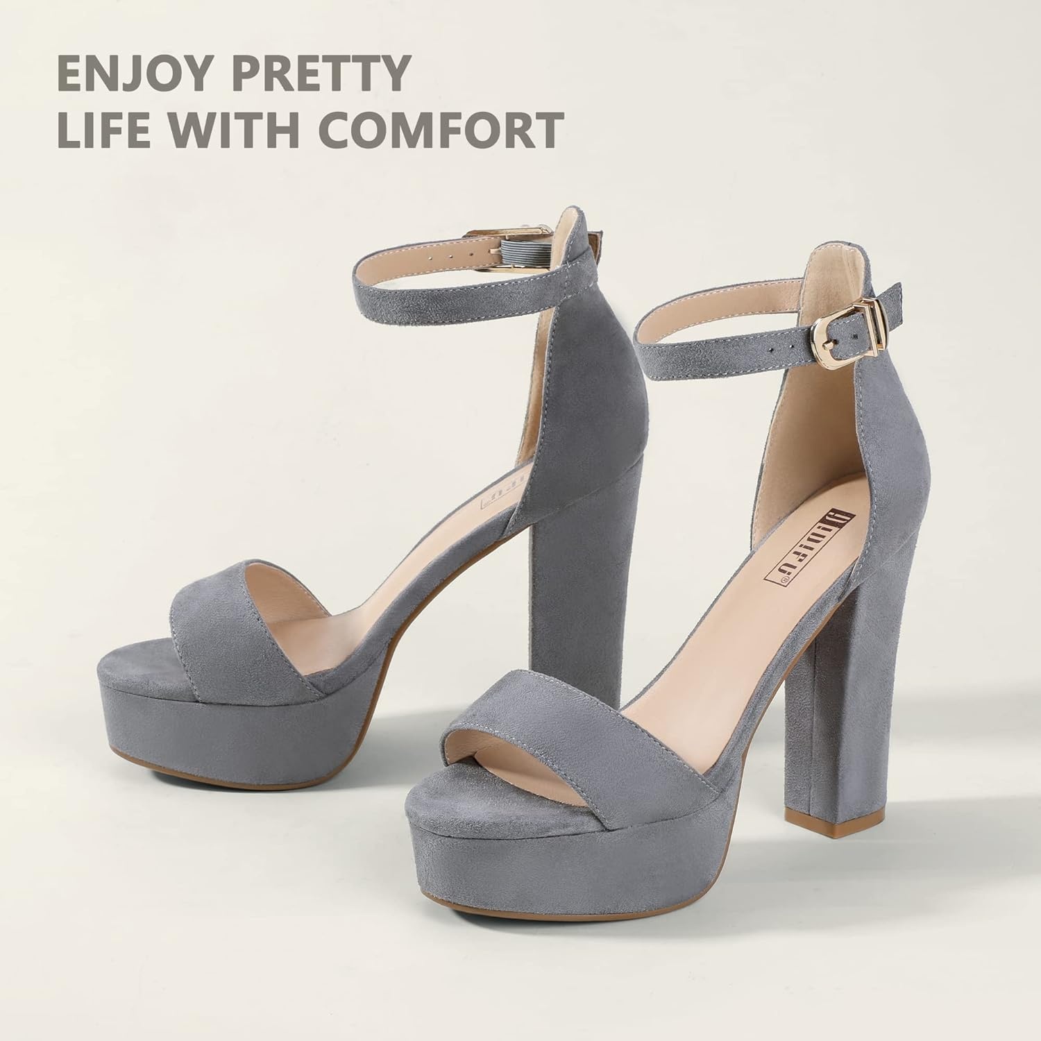 image:imageIDIFU Womens Platform Chunky High Heel Sexy Sandals Ankle Strap Open Toe Heeled Shoes for Wedding Party EveningGray Suede