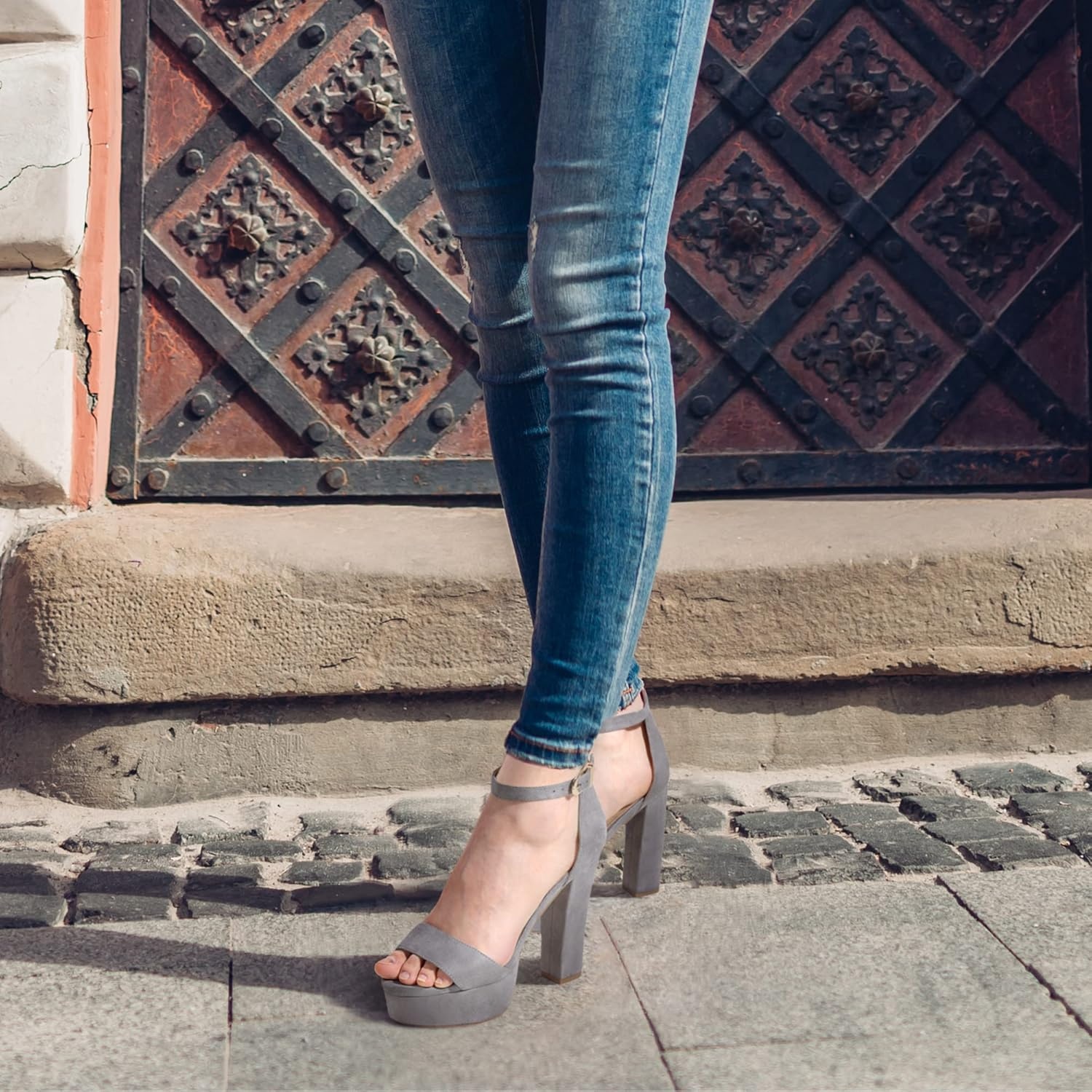 image:imageIDIFU Womens Platform Chunky High Heel Sexy Sandals Ankle Strap Open Toe Heeled Shoes for Wedding Party EveningGray Suede