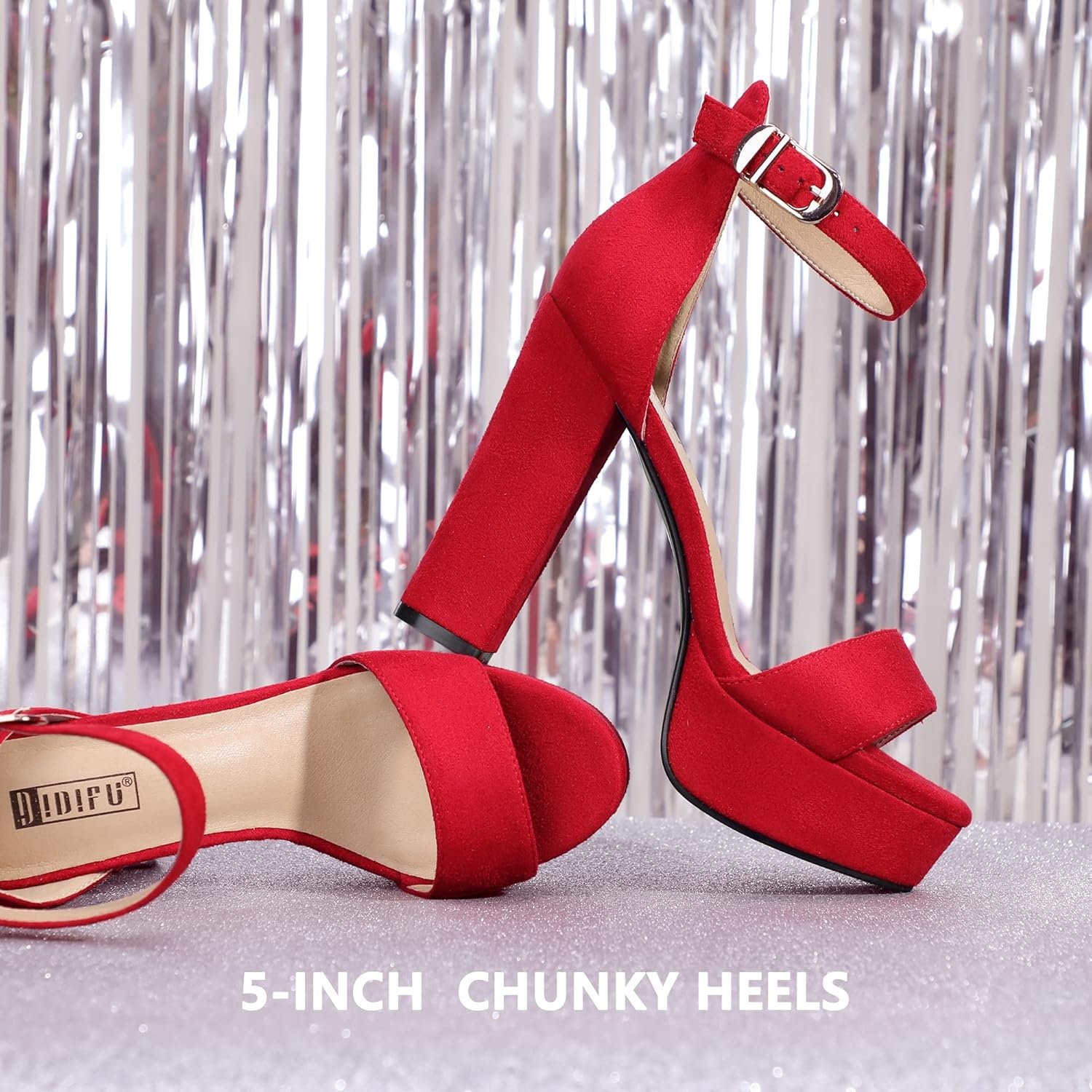 image:imageIDIFU Womens Platform Chunky High Heel Sexy Sandals Ankle Strap Open Toe Heeled Shoes for Wedding Party EveningRed Suede