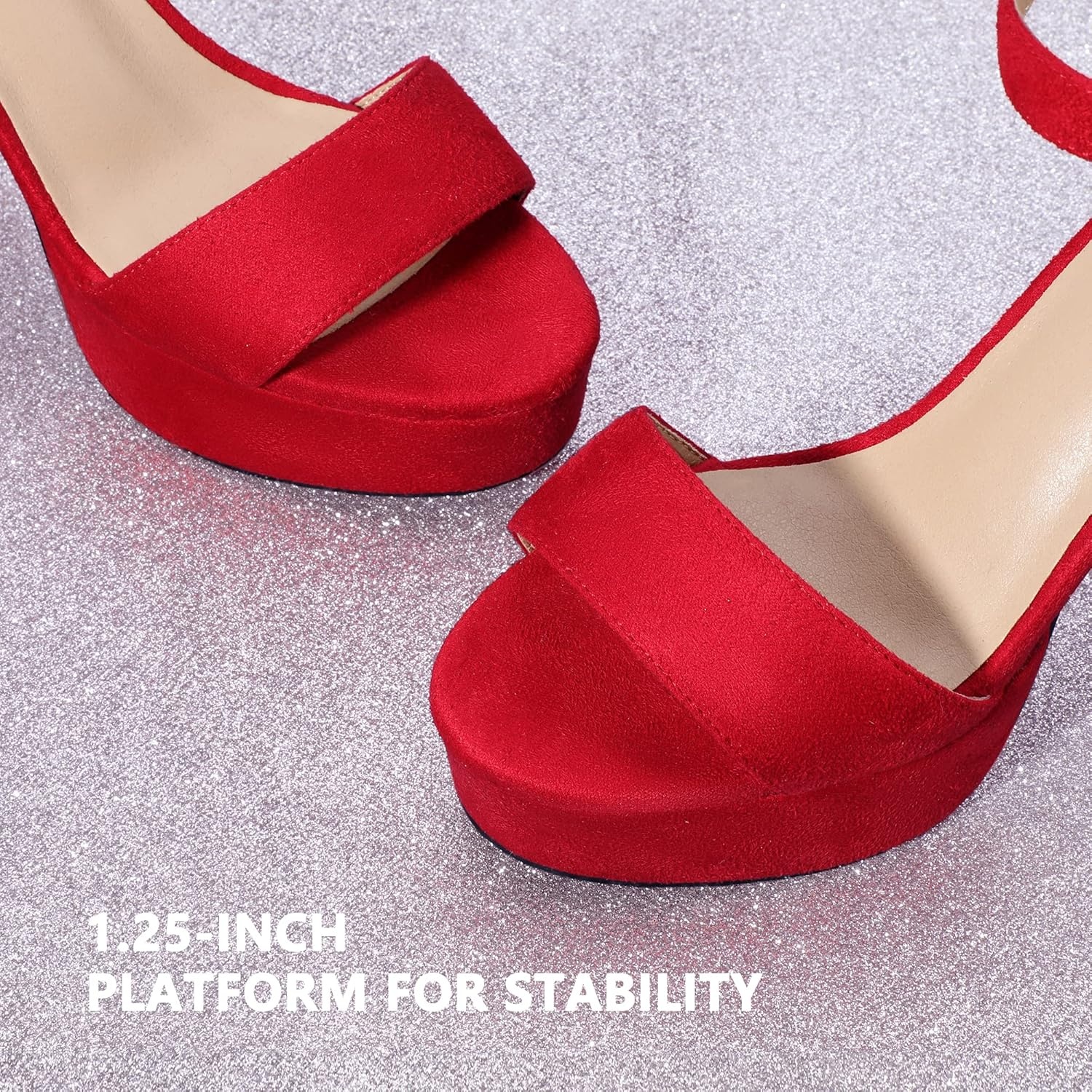 image:imageIDIFU Womens Platform Chunky High Heel Sexy Sandals Ankle Strap Open Toe Heeled Shoes for Wedding Party EveningRed Suede