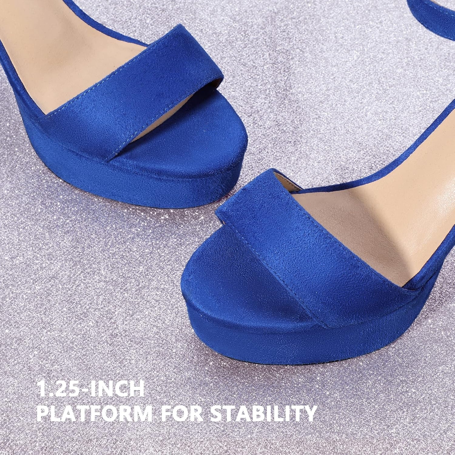 image:imageIDIFU Womens Platform Chunky High Heel Sexy Sandals Ankle Strap Open Toe Heeled Shoes for Wedding Party EveningRoyal Blue Suede