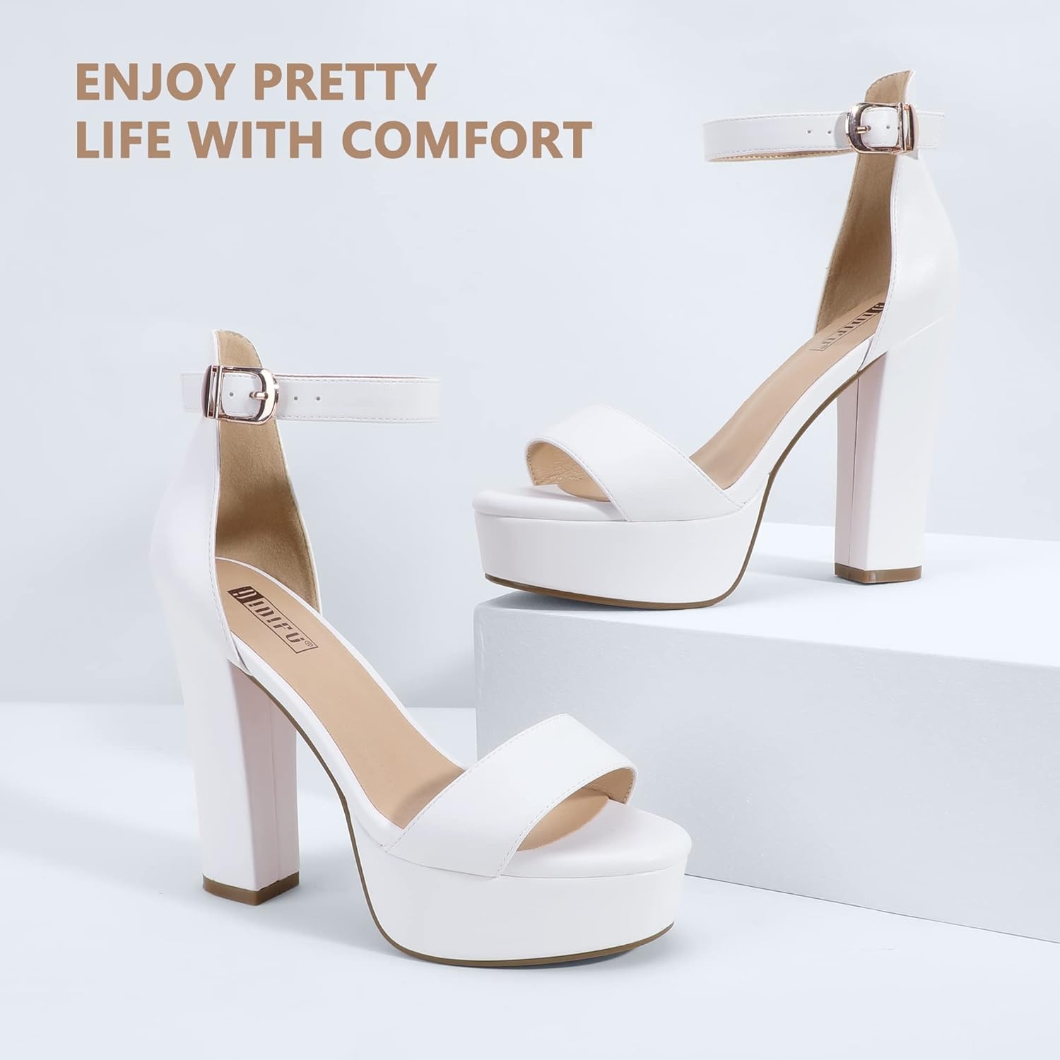 image:imageIDIFU Womens Platform Chunky High Heel Sexy Sandals Ankle Strap Open Toe Heeled Shoes for Wedding Party EveningWhite Pu
