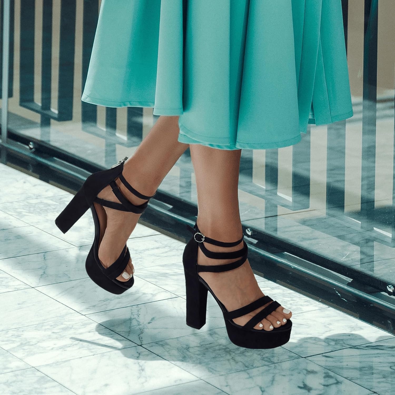 image:imageIDIFU Womens Platform Chunky High Heels Dress Sandals Open Toe Ankle Strap Strappy Wedding Bridal Party Dance Shoes For Women BrideM Black Nubuck