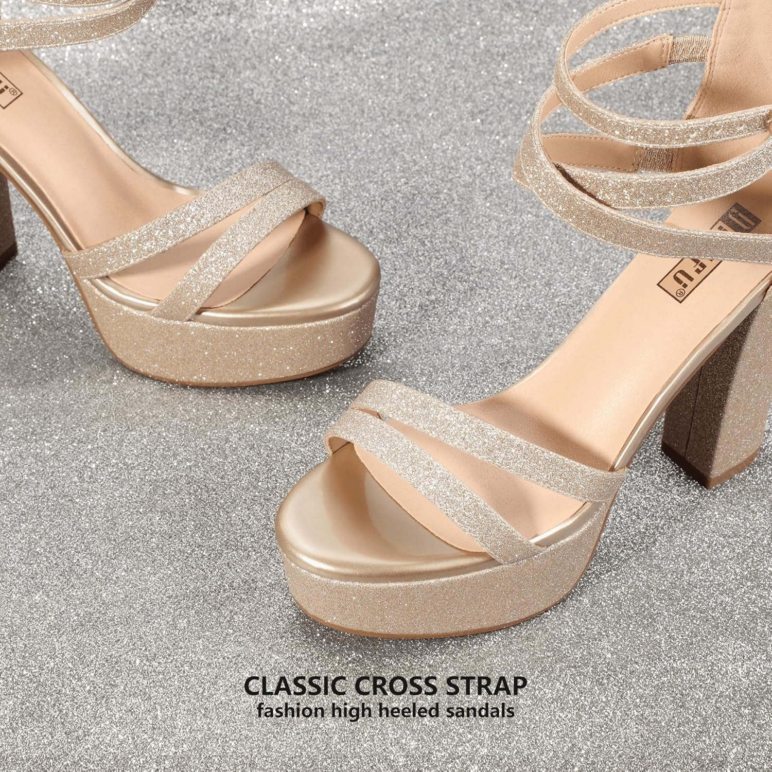 image:imageIDIFU Womens Platform Chunky High Heels Dress Sandals Open Toe Ankle Strap Strappy Wedding Bridal Party Dance Shoes For Women BrideM Gold Shiny