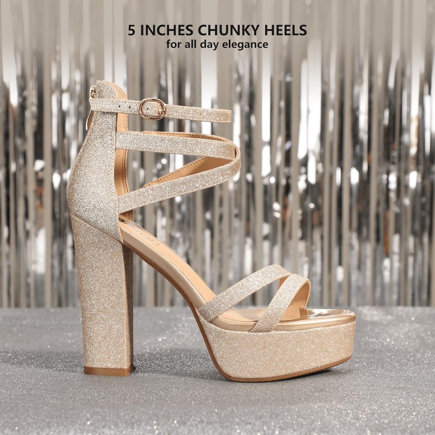 image:imageIDIFU Womens Platform Chunky High Heels Dress Sandals Open Toe Ankle Strap Strappy Wedding Bridal Party Dance Shoes For Women BrideM Gold Shiny