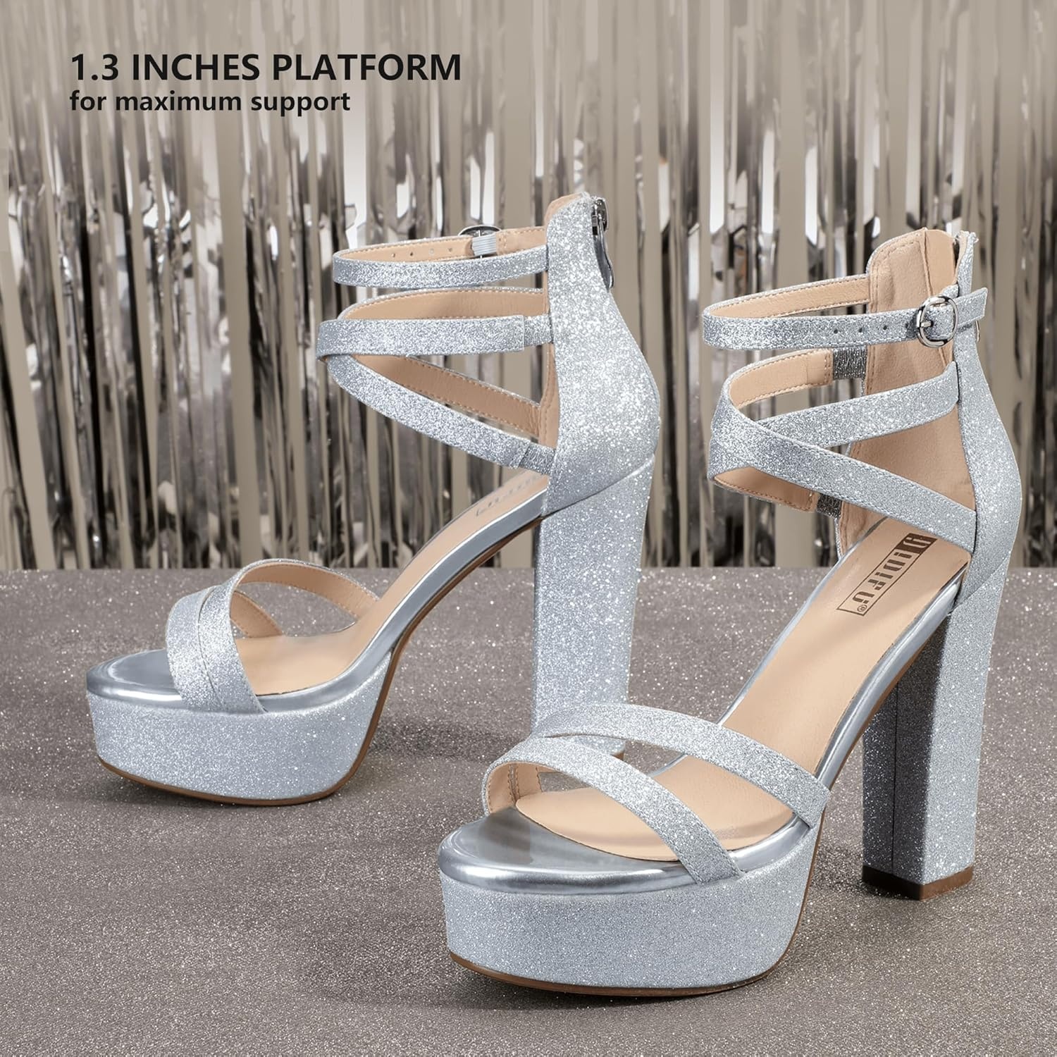image:imageIDIFU Womens Platform Chunky High Heels Dress Sandals Open Toe Ankle Strap Strappy Wedding Bridal Party Dance Shoes For Women BrideM Silver Shiny
