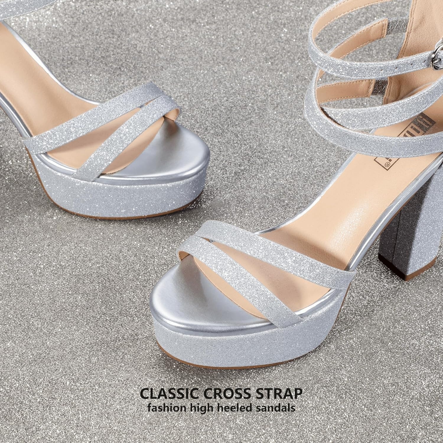 image:imageIDIFU Womens Platform Chunky High Heels Dress Sandals Open Toe Ankle Strap Strappy Wedding Bridal Party Dance Shoes For Women BrideM Silver Shiny