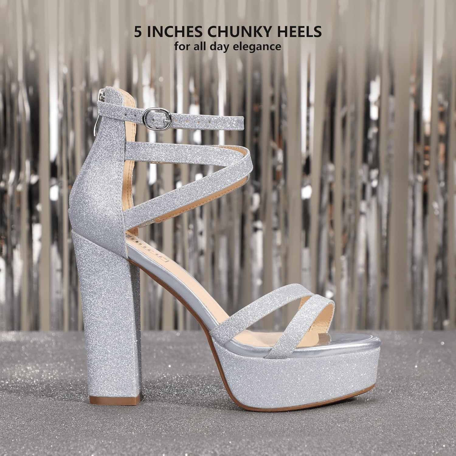image:imageIDIFU Womens Platform Chunky High Heels Dress Sandals Open Toe Ankle Strap Strappy Wedding Bridal Party Dance Shoes For Women BrideM Silver Shiny