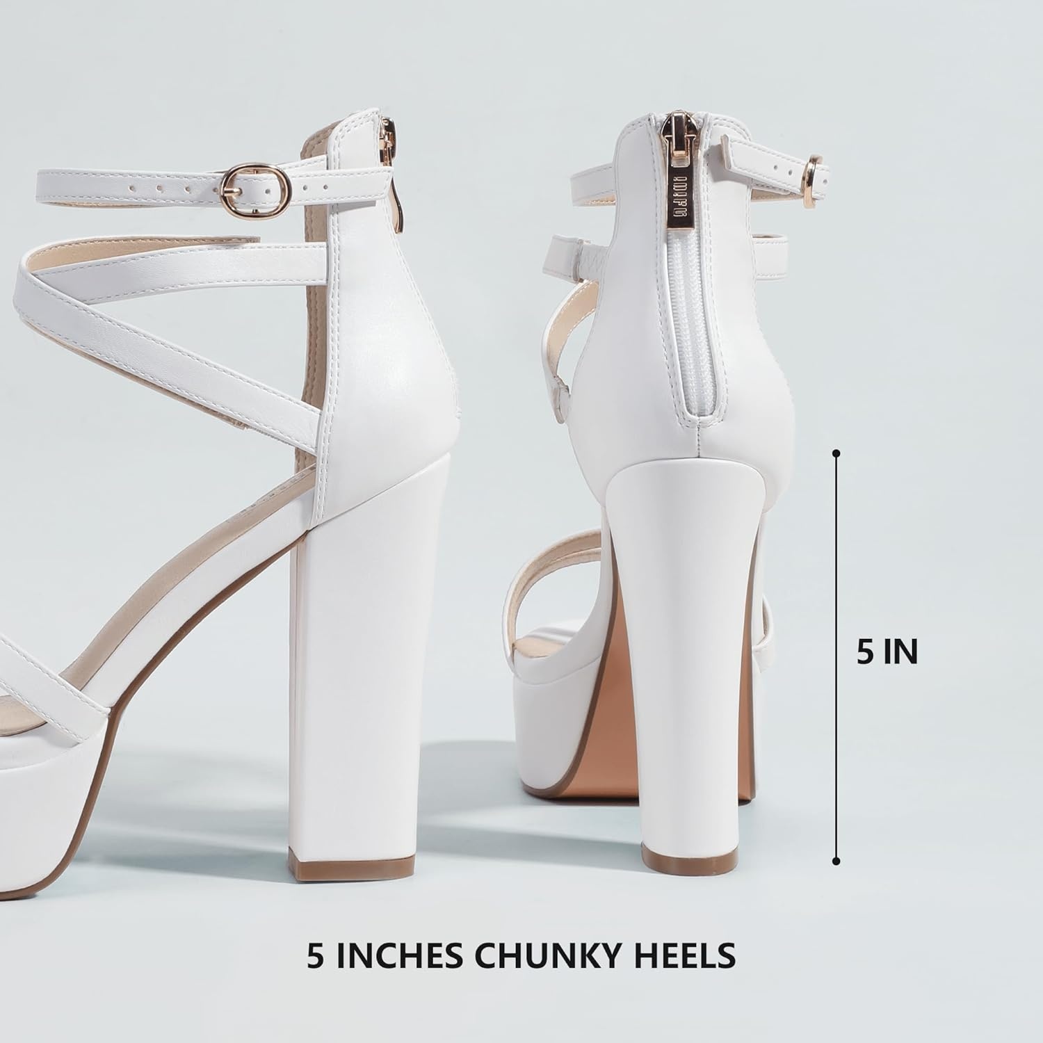 image:imageIDIFU Womens Platform Chunky High Heels Dress Sandals Open Toe Ankle Strap Strappy Wedding Bridal Party Dance Shoes For Women BrideM White Pu