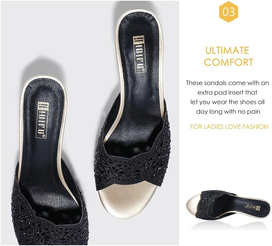 image:imageIDIFU Womens Silver Gold Wedding Shoes For Bride Bridesmaid Low Kitten Peep Toe Heels Dress Sandals Glitter Formal Slide Mules With HeelBlack