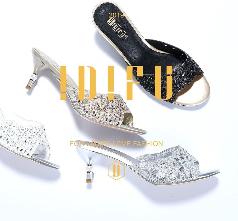 image:imageIDIFU Womens Silver Gold Wedding Shoes For Bride Bridesmaid Low Kitten Peep Toe Heels Dress Sandals Glitter Formal Slide Mules With HeelBlack