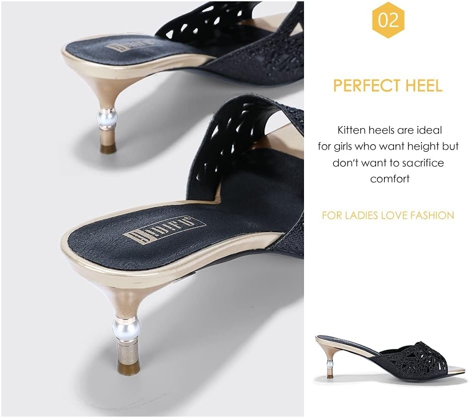 image:imageIDIFU Womens Silver Gold Wedding Shoes For Bride Bridesmaid Low Kitten Peep Toe Heels Dress Sandals Glitter Formal Slide Mules With HeelBlack