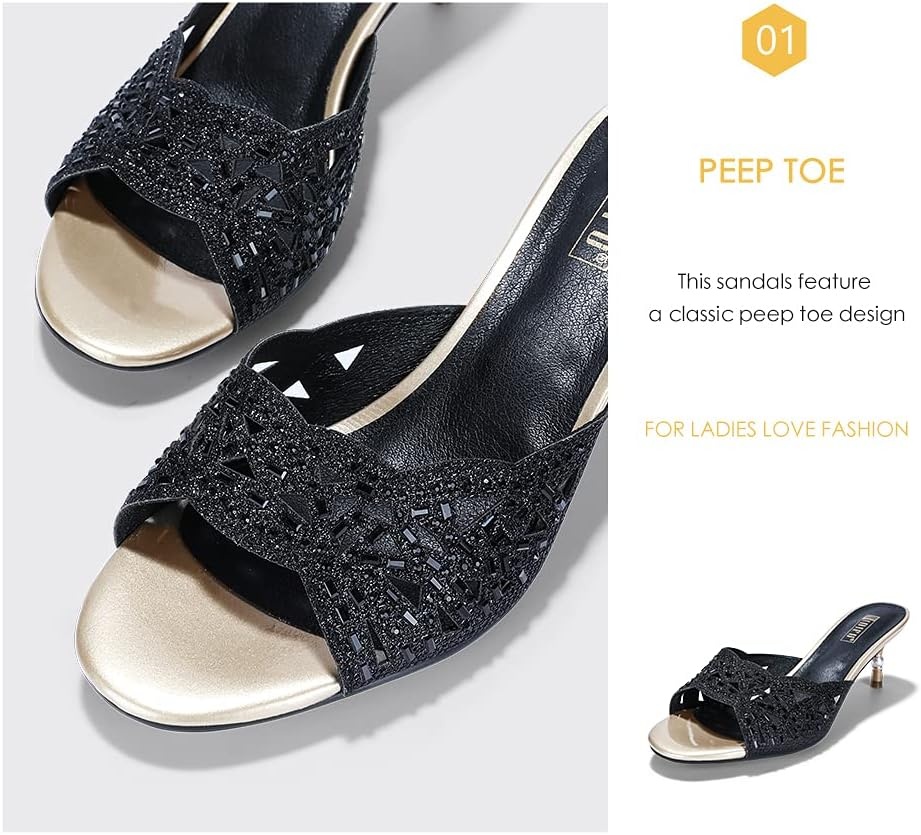 image:imageIDIFU Womens Silver Gold Wedding Shoes For Bride Bridesmaid Low Kitten Peep Toe Heels Dress Sandals Glitter Formal Slide Mules With HeelBlack
