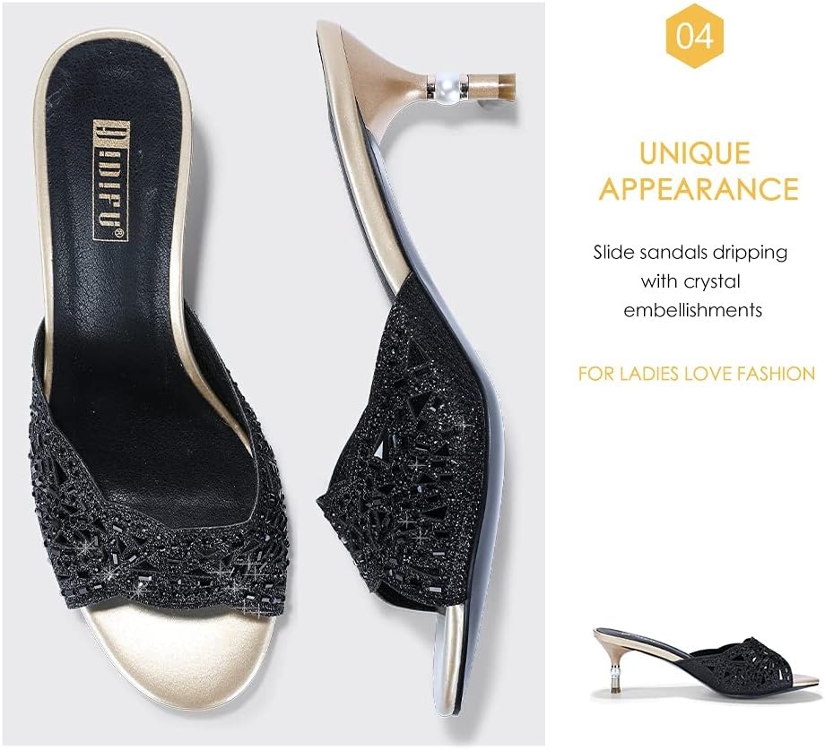 image:imageIDIFU Womens Silver Gold Wedding Shoes For Bride Bridesmaid Low Kitten Peep Toe Heels Dress Sandals Glitter Formal Slide Mules With HeelBlack