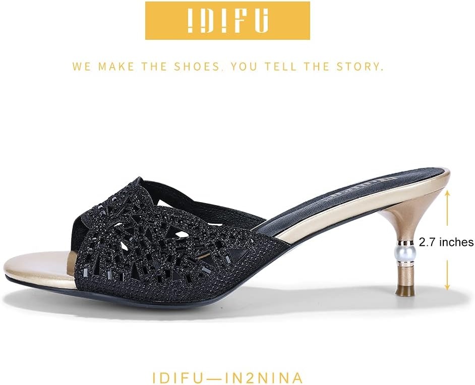 image:imageIDIFU Womens Silver Gold Wedding Shoes For Bride Bridesmaid Low Kitten Peep Toe Heels Dress Sandals Glitter Formal Slide Mules With HeelBlack