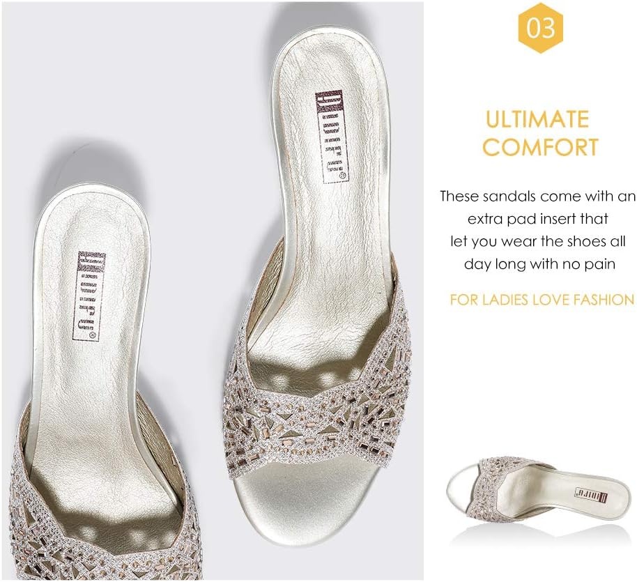 image:imageIDIFU Womens Silver Gold Wedding Shoes For Bride Bridesmaid Low Kitten Peep Toe Heels Dress Sandals Glitter Formal Slide Mules With HeelGold