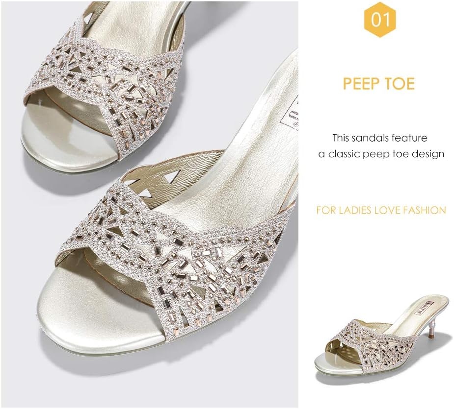 image:imageIDIFU Womens Silver Gold Wedding Shoes For Bride Bridesmaid Low Kitten Peep Toe Heels Dress Sandals Glitter Formal Slide Mules With HeelGold
