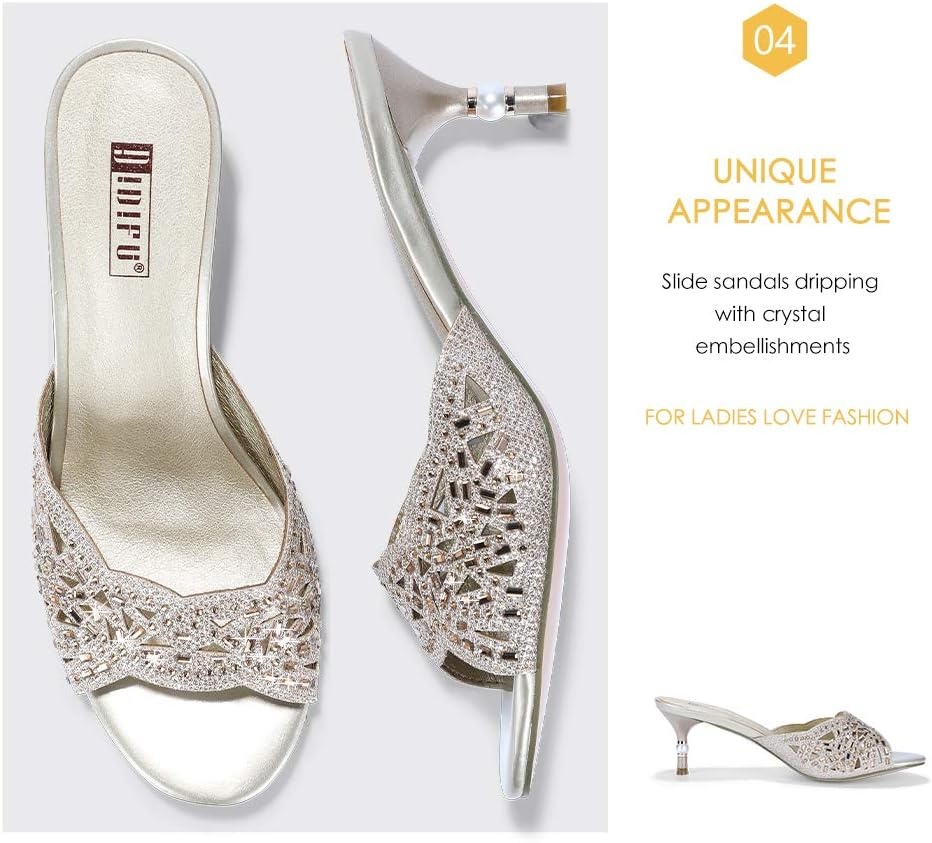 image:imageIDIFU Womens Silver Gold Wedding Shoes For Bride Bridesmaid Low Kitten Peep Toe Heels Dress Sandals Glitter Formal Slide Mules With HeelGold